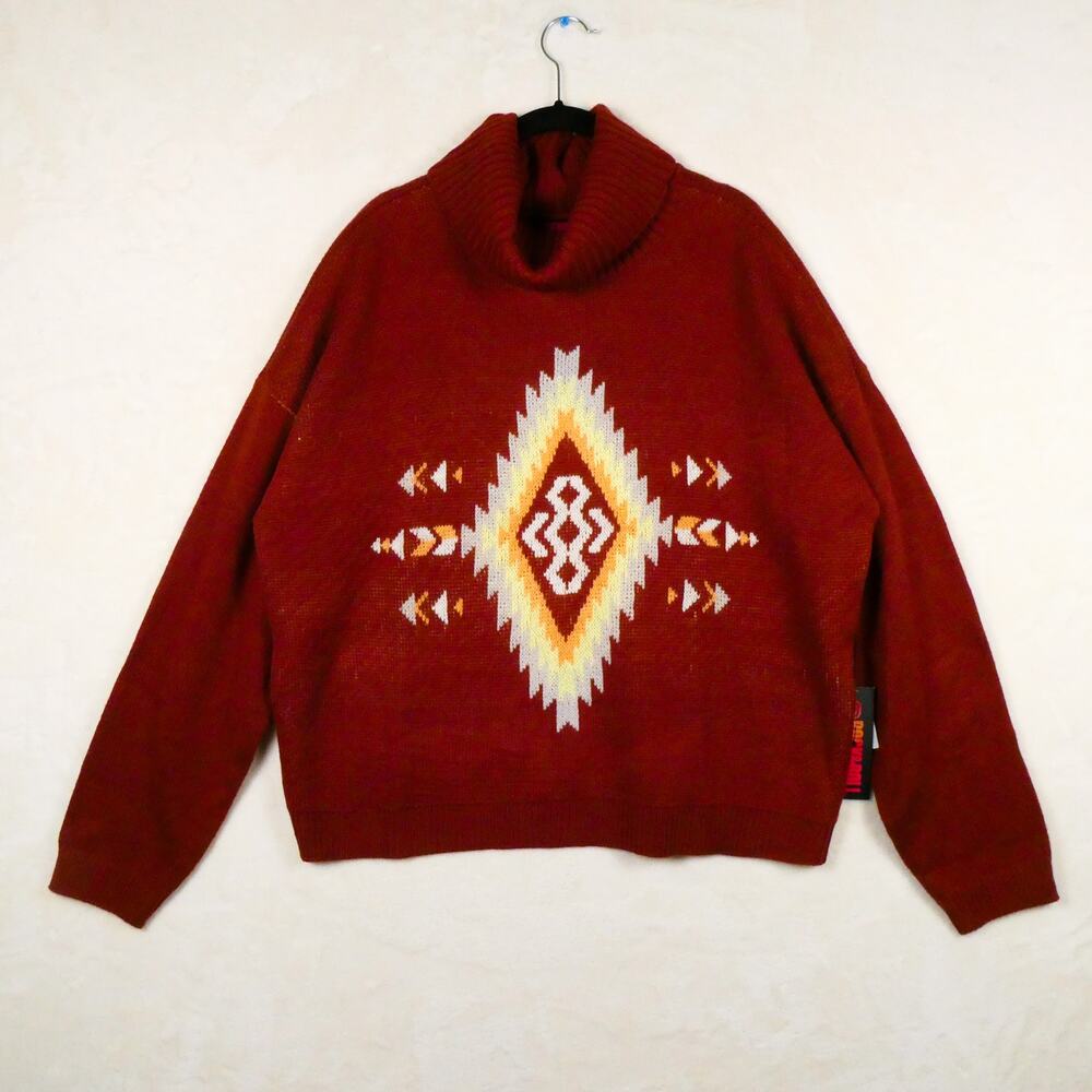 NWT Brick Red Aztec Knit Turtleneck Sweater Size XXL Western Boho Cozy Intarsia